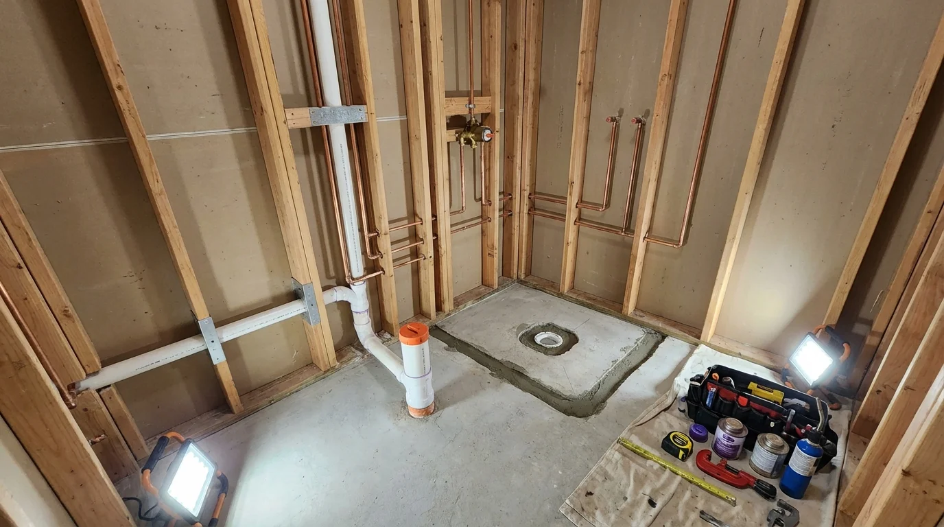 Bathroom rough-in plumbing during remodel by Johns Plumbing LLC in West Memphis