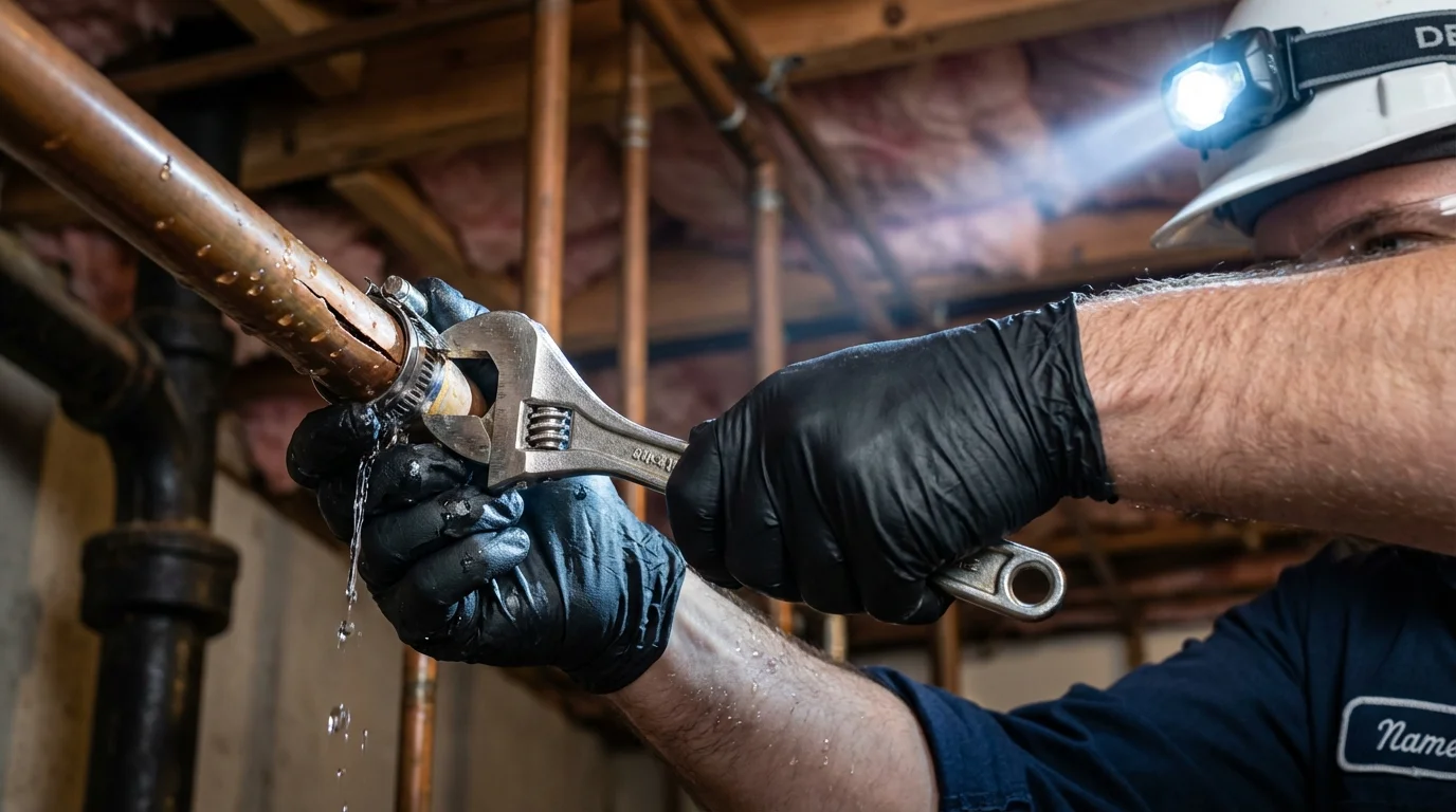 Emergency pipe clamp repair being performed by a Johns Plumbing LLC plumber in West Memphis