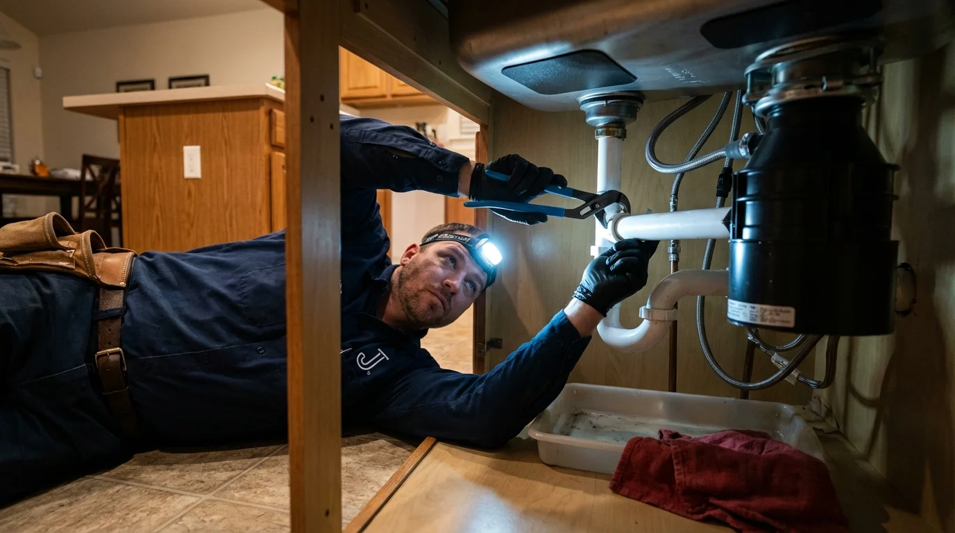 P-trap and supply line connections under a kitchen sink showing a common leak point in West Memphis, AR